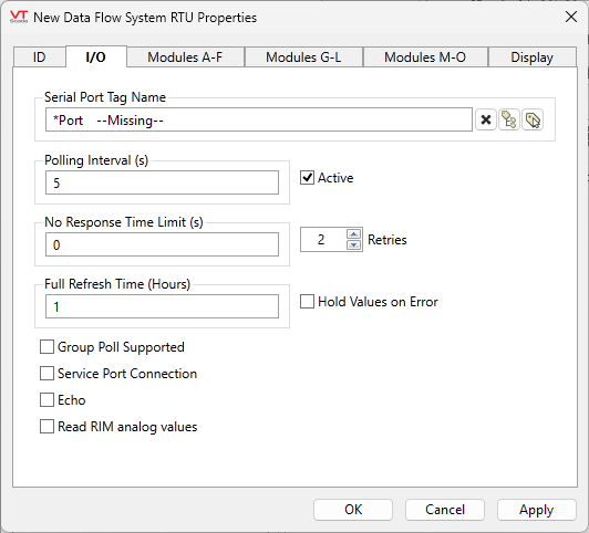 DataFlow RTU I/O tab